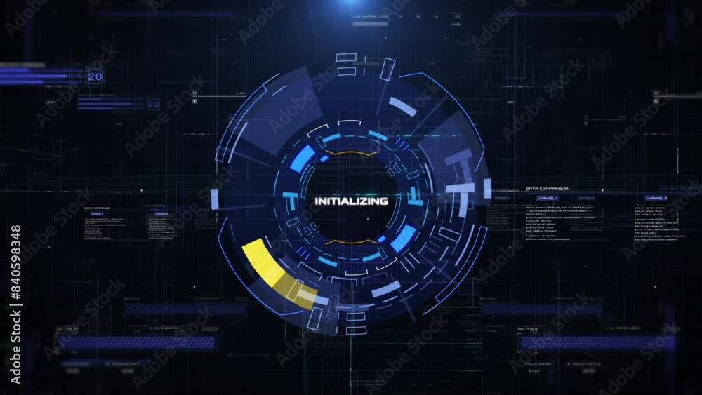 Poster HUD futuristic hi tech dynamic spinning circle digital data technology platform 4K motion background