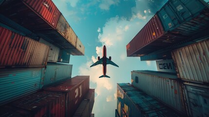 Global logistics and transportation business, import-export cargo, cargo plane flying over shipping container, logistics industry, cargo ship, container at international port.