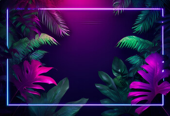 Tropical neon forest background, jungle background with border made of tropical leaves with empty space in center, copy space.