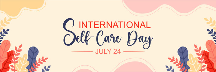 International self care day 24 July banner, with handwritten typography and tropical floral ornament