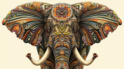 Colorful and intricate elephant design with mandala patterns, blending tribal and psychedelic art.