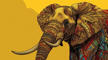 Obraz premium A detailed, colorful elephant with intricate patterns on a yellow background.