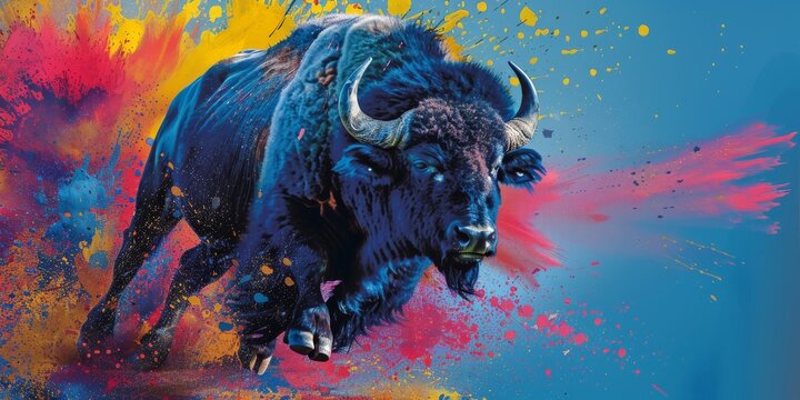 Dynamic abstract digital painting of an energetic bison charging through vibrant splashes of color on a blue background.