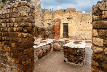The ruins of the ancient city of Herculaneum, located at the foot of Mount Vesuvius.  