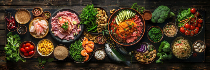 Fototapeta premium Colorful assortment of fresh ingredients beautifully arranged in bowls on a dark wooden table, featuring a variety of vegetables, meats, grains, and seafood for culinary inspiration and 