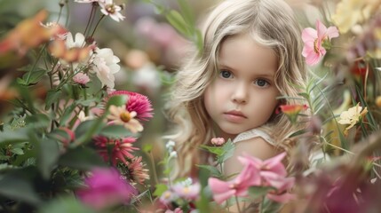 Fototapeta premium girl surrounded by flowers and plants in the garden generative ai