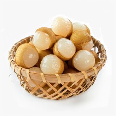 isolate Fresh longan appetizing There are not peeling. And peeled and ready to eat in the Small bamboo basket on white background