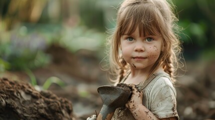 little girl holding a small shovel in her hands full of mud generative ai
