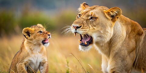 Lioness and cub roaring in a powerful duel , wildlife, predator, fierce, strength, family, protection, nature, aggressive, wild, jungle, safari, fierce, intense, growling, competition