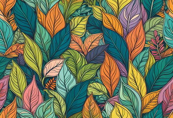 a lush,colorful abstract plant leaf pattern, intricate freehand doodle collage, organic cartoon nature shapes
