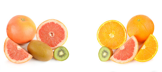 Kiwi, grapefruit and orange fruits isolated on white. Collage. Free space for text. Wide photo.
