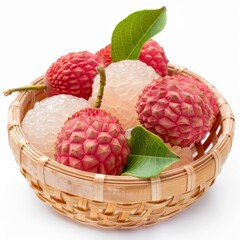 isolate Fresh lychee appetizing There are not peeling. And peeled and ready to eat in the Small bamboo basket on white background