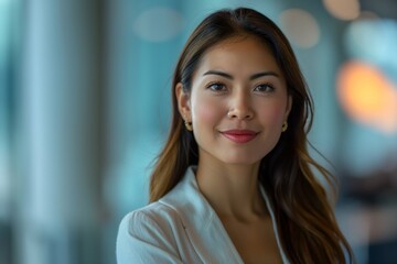 Obraz premium Portrait of filipina woman beautiful business leader, in modern bright office boardroom, professional atmosphere, leadership, diverse workplace, corporate setting.