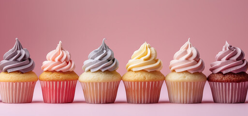 Colorful festive cupcakes lined row smooth colorful simple pink pattern colorful, minimalistic
