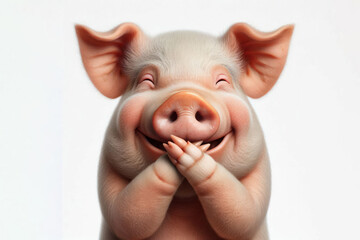 Funny pig covers his mouth with his paws Isolated on white background
