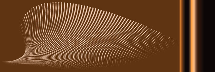 A copper metallic colored abstract vector illustration, Incorporating technology, sound, music, and modern aesthetics, dynamic particle waves within a halftone gradient background.