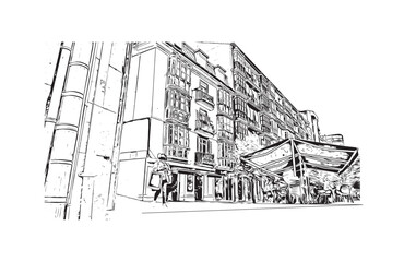 Print Building view with landmark of Santander is the city in Spain. Hand drawn sketch illustration in vector.