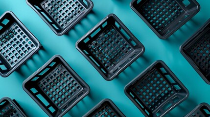 Close-up of black plastic baskets on blue surface