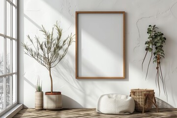 Poster frame mockup in minimalist brown interior created with generative ai