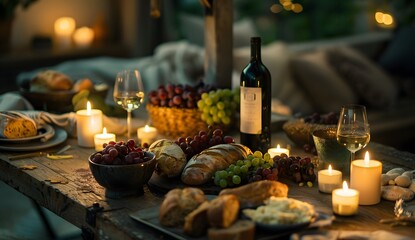 Rustic table set with an assortment of breads, grapes and wine in glasses. A couple is seen enjoying the evening together at home