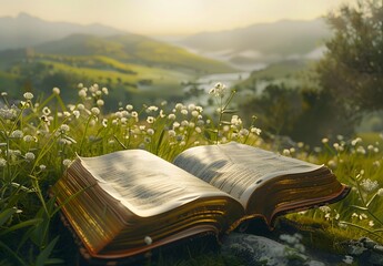open book on an enchanting meadow, surrounded by lush greenery and rolling hills under the soft glow of sunrise - Powered by Adobe