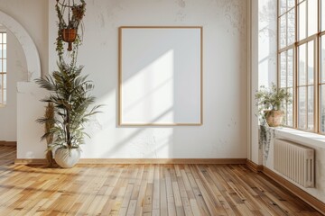 Poster frame mockup in minimalist brown interior created with generative ai