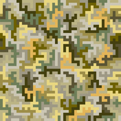 Seamless pixelated camouflage vector pattern in earthy tones. Perfect for military, outdoor, or nature-themed designs. Ideal for backgrounds, textiles, and more