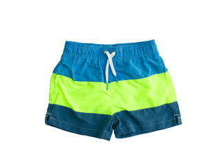 Tricolor swimming shorts on a white background.