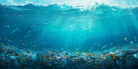 Obraz premium Seawater pollution, serious ocean pollution, marine garbage, World Environment Day, environmental protection theme, 4k high-definition wallpaper, generated by AI 