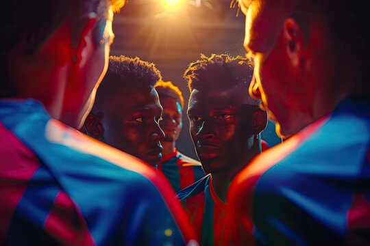 Soccer team huddling before a match