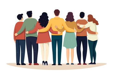 A group of people are standing together, with some of them hugging