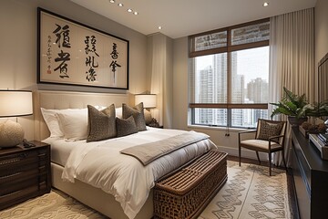 Fototapeta premium This image depicts a luxurious spa-like Asian bedroom retreat, featuring a plush canopy bed, designed to offer ultimate relaxation and tranquility in an elegant setting.