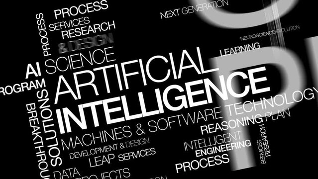 Artificial intelligence AI tag cloud white text black background animation words tagcloud animation video