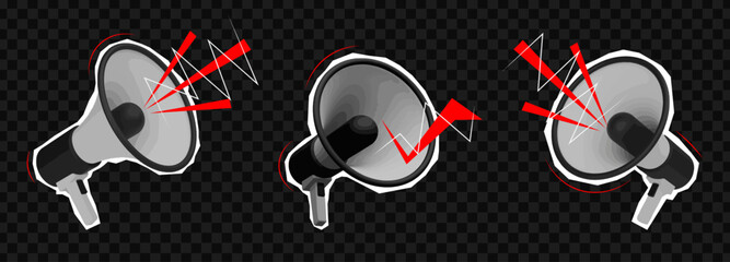 Collage element for message with louspeaker and realistick stickers. Megaphone speaker or loudspeaker bullhorn for announce promotion. Vintage vector set