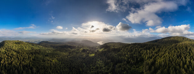 Fototapeta premium Aerial panorama of Canadian Mountain Landscape in Valley. Sunny Sunset.