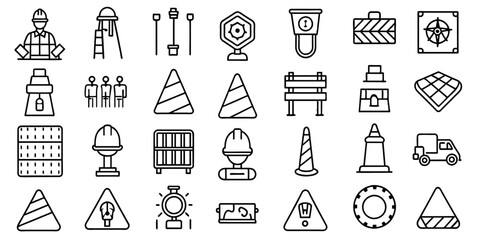 Editable stroke outline  set of different types small icons isolated on white background flat vector illustration. Road Block & Pedestrian Barrier related   Traffic cone, safety cone, construction sig