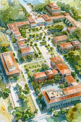 Fototapeta premium Aerial view of a university campus with buildings, trees, and walkways.