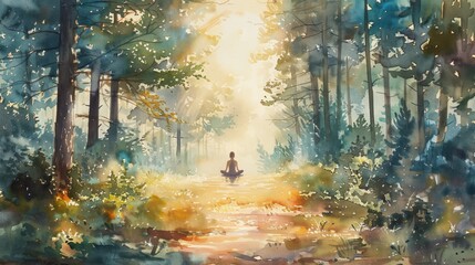 Fototapeta premium A lone figure meditating in a sunlit forest path, surrounded by towering trees and vibrant foliage.