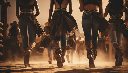 A group of women wearing cowboy boots are walking in a line - Powered by Adobe