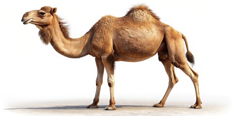 A realistic digital of a camel standing on a white background, camel, animal, mammal, desert, nature, wildlife, isolated, white, background, domesticated, hump, standing, majestic, herbivore