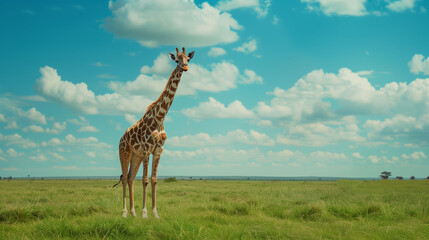 Obraz premium giraffe alone standing on green savanna, clear sky, giraffe with graceful posture facing the camera, Ai generated images