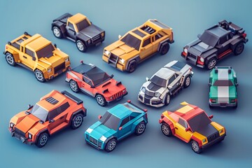 Close-up group toy cars blue surface