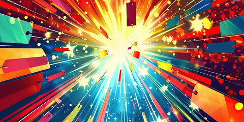 Discount Burst: Abstract burst of energy with sale tags and banners radiating outward.