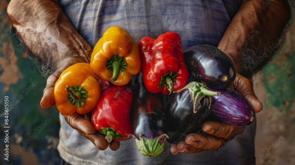 Wall mural farmer holding red, green and yellow peppers, along with purple eggplants generative ai