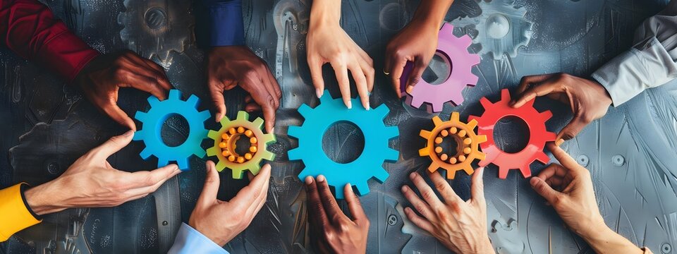 Many hands holding colored gears together, symbolizing collaboration and team work. A group of diverse colored people working as one