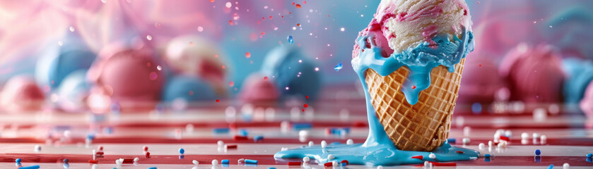 Melted ice cream cone with colorful sprinkles on a vibrant background. Perfect for summer and dessert-themed designs.