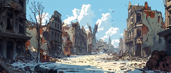 Naklejka premium War-Torn WWII Street Scene with Ruined Buildings - Illustration for Historical Backgrounds and Education Materials
