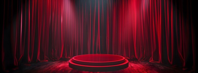 Red stage curtains and podium for award ceremony or presentation on black background