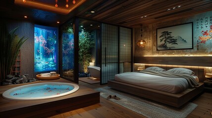 This image depicts a luxurious spa-like Asian bedroom retreat, featuring a plush canopy bed, designed to offer ultimate relaxation and tranquility in an elegant setting.