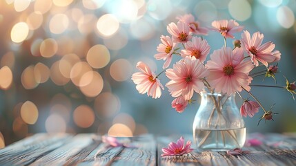 Softly lit pastel flowers on wooden table, shallow depth of field, bokeh background, light wood backdrop, side angle